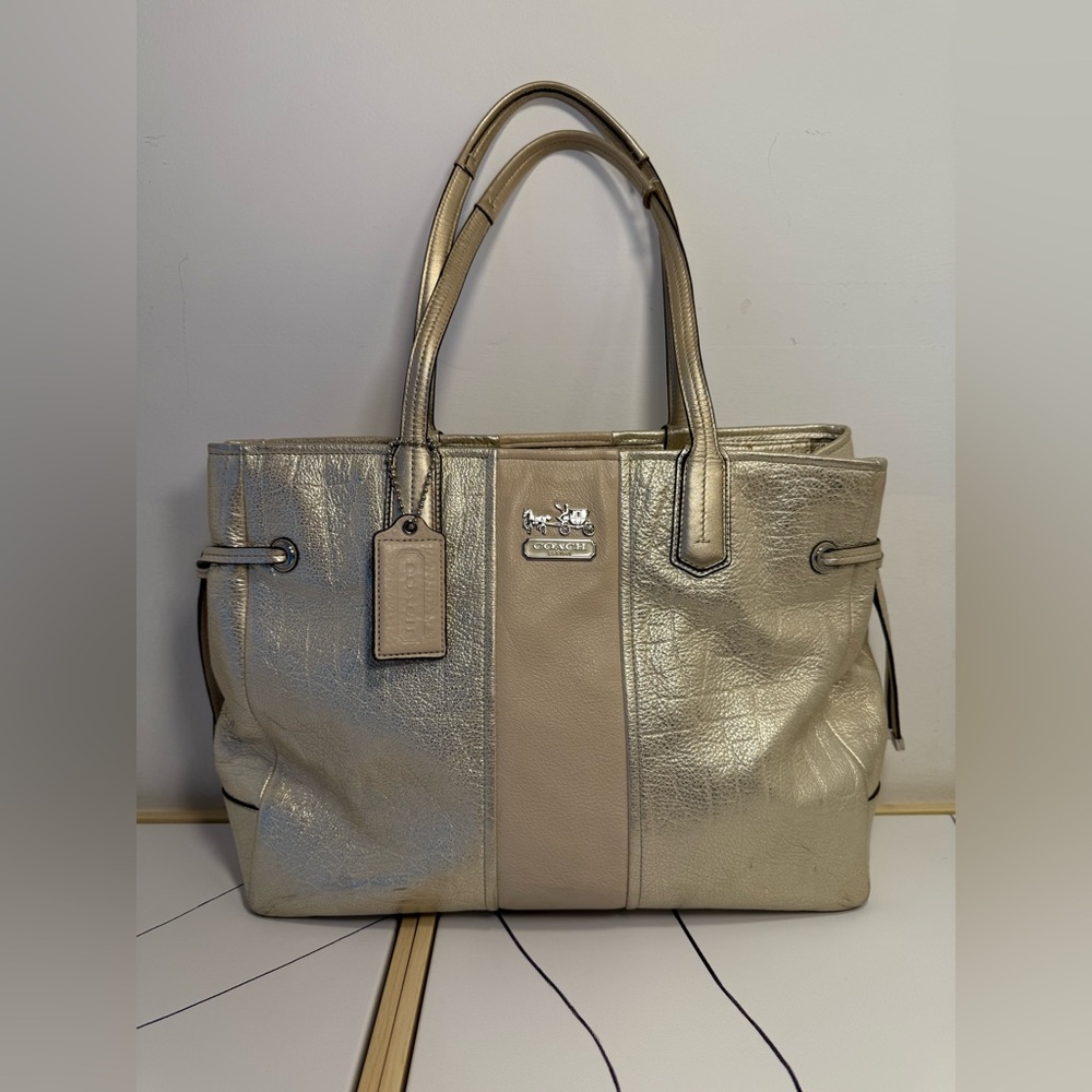 Coach Chelsea Leather Stripe Charlie Carryall Tote Shoulder Bag Metallic Gold